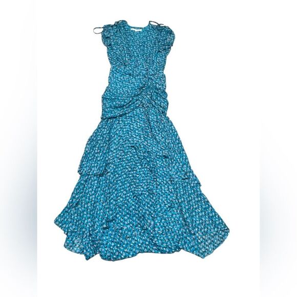 ❤️ VERONICA BEARD Samara Floral Print SILK chiffon blue Ruched Maxi Dress size 4 - Picture 4 of 10